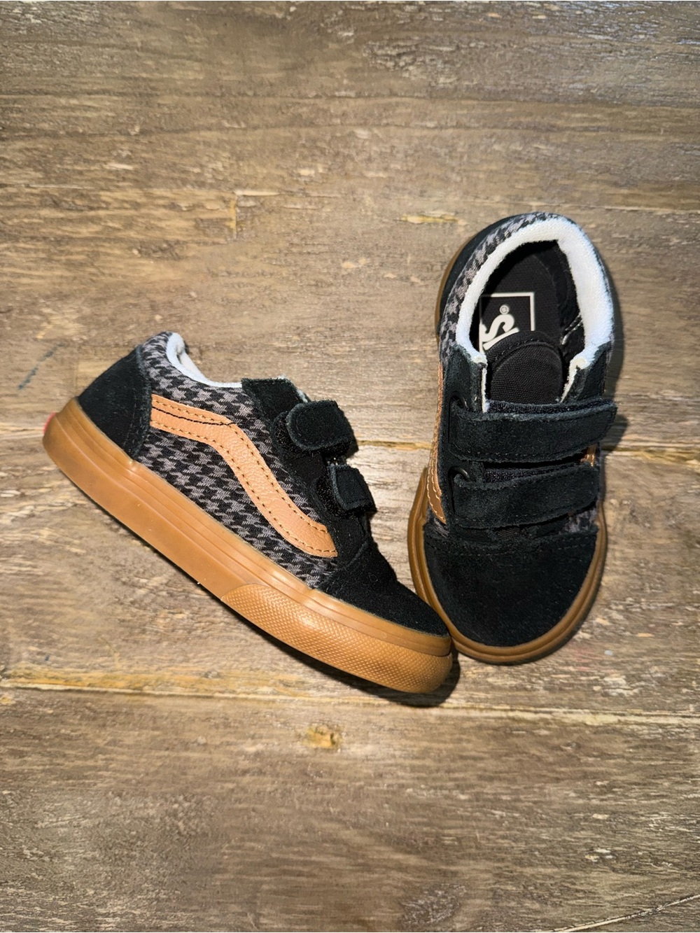 Vans 7c Black and Tan Velcro Sneakers- minimal wear
